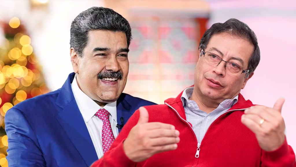 Persona del presidente Gustavo Petro saludando, con fondo de bandera colombiana y venezolana, simbolizando su respaldo al régimen de Maduro.